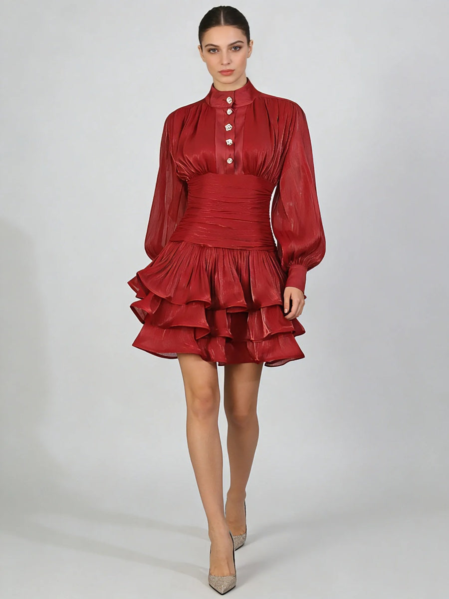 Alessandra Satin Puff-Sleeve Tiered Mini Dress in Red