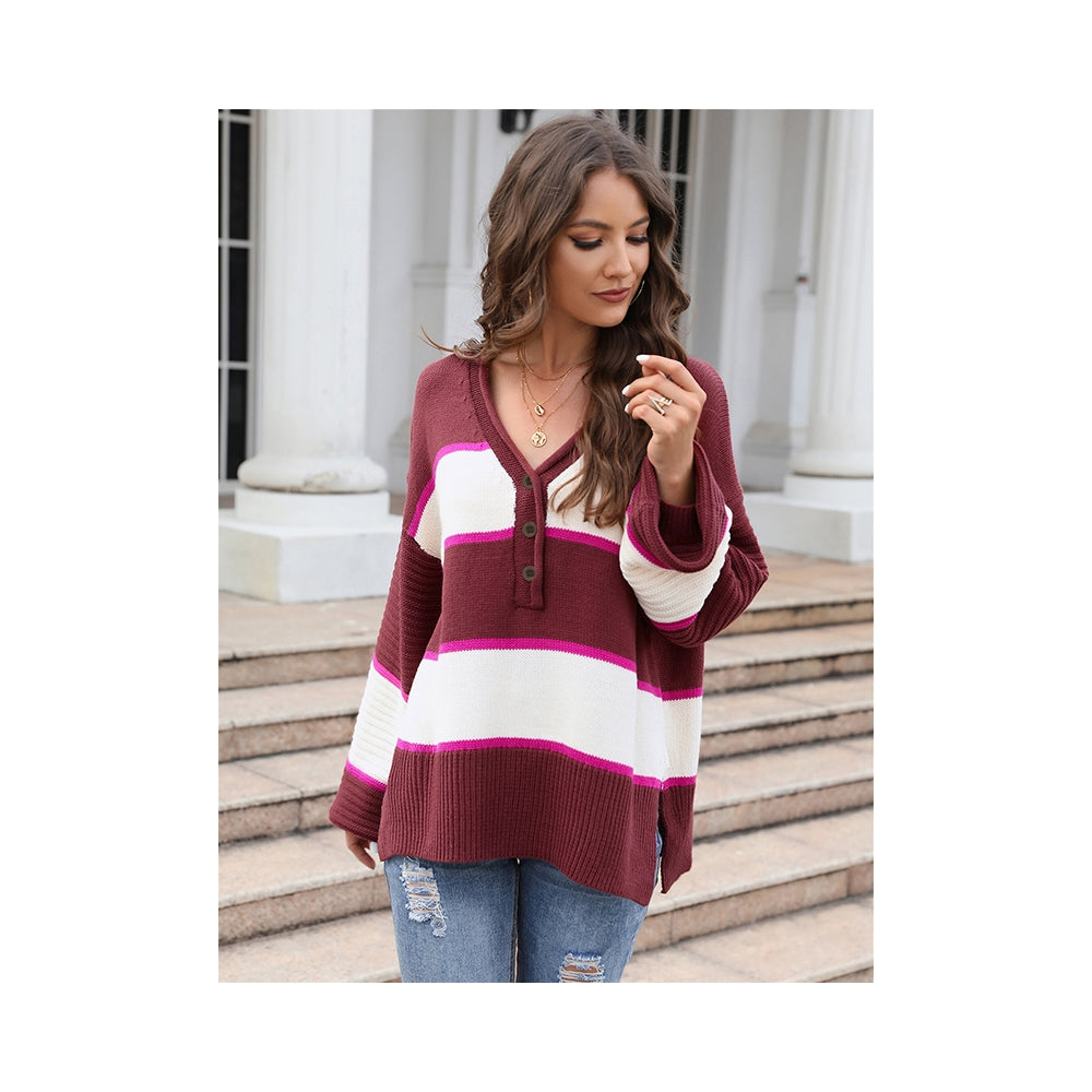 Casual Long Sleeves Loose Striped V-Neck Sweater Tops