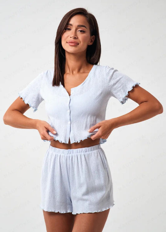 Short Sleeve Lounge Set Cotton Polyester Blend
