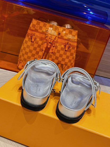LV 2025 Monogram-embossed Silver Metallic Calfskin Sandal 437407