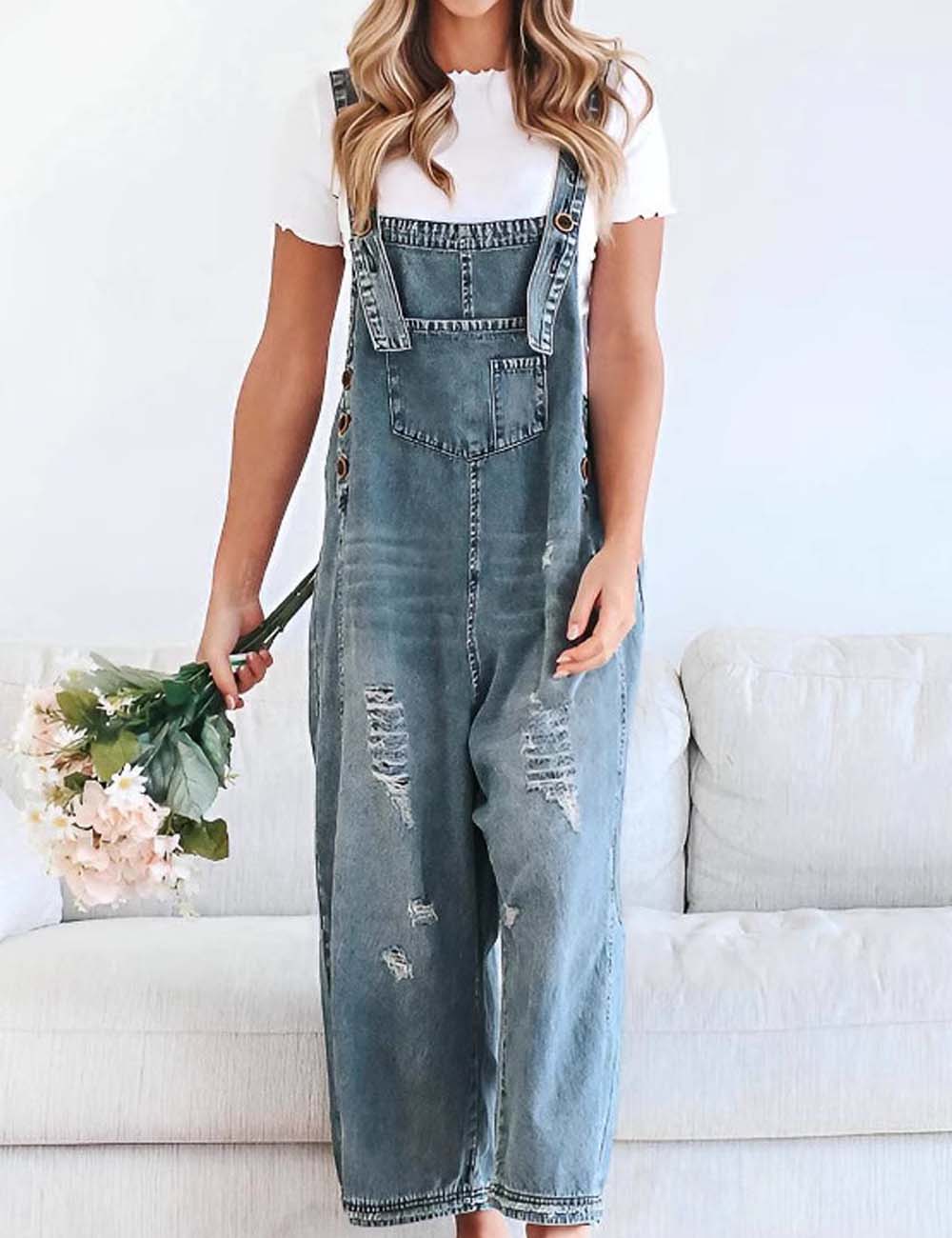 Distressed Rippd Loose Wide Leg Bib Overalls