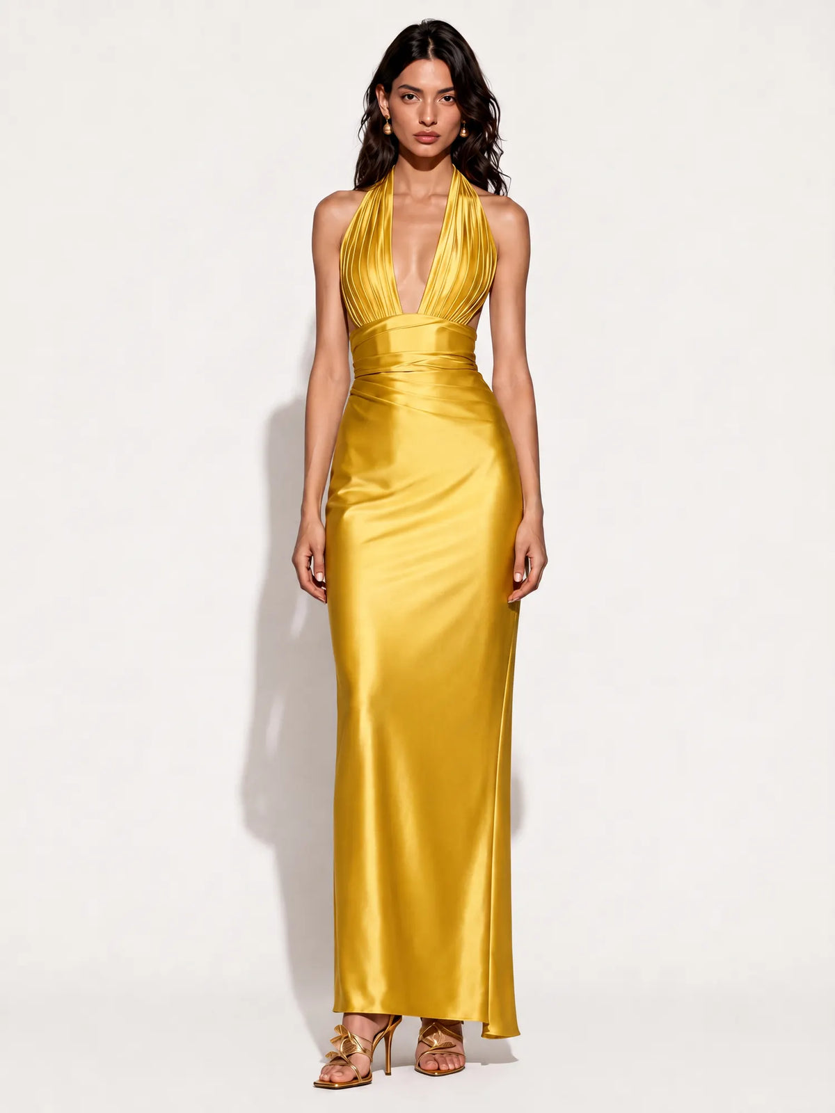 Audrey Satin Halter-Neck Mermaid Maxi Dress In Yellow
