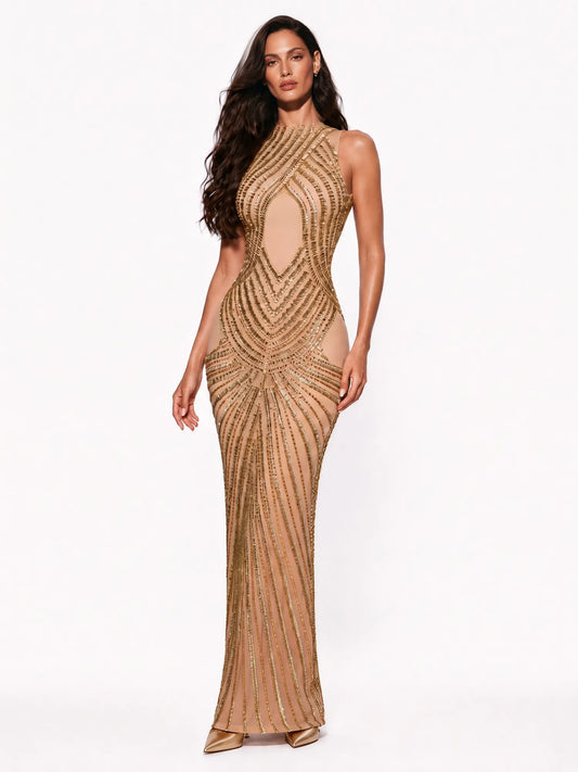 Saskia Rhinestone Embellished Form Fitting Cutout Maxi Dress