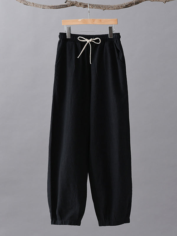 Simple Ramie Cotton Elasticity Waist Loose Knickerbockers&Capri-Pants