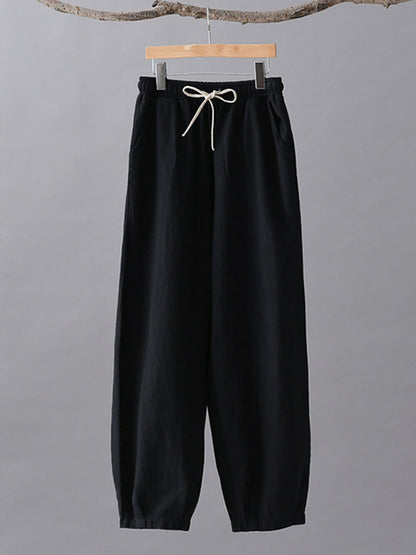 Simple Ramie Cotton Elasticity Waist Loose Knickerbockers&Capri-Pants