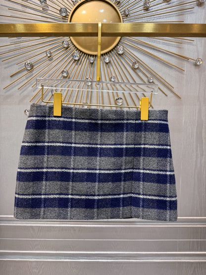 Miumiu 2026 Plaid Midi Skirt Blue-Gray Wool Viscose
