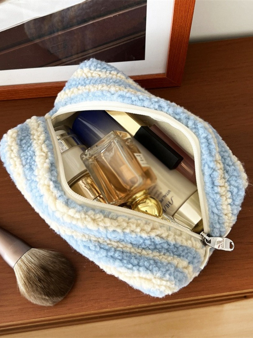 Cosbai - Blue Striped Fleece Makeup Pouch Organizer
