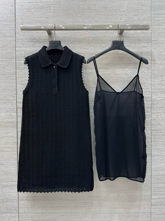 Gucci 25 Hollow Knitted Polo Vest Dress Black Polyester Fiber