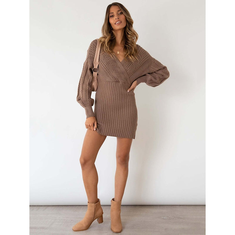 Original Wrap Long Sleeves Jacquard Solid Color Deep V-Neck Sweater Dresses
