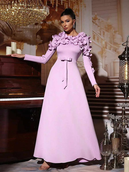 Gianna 3D Flower Long Sleeved Maxi Dress