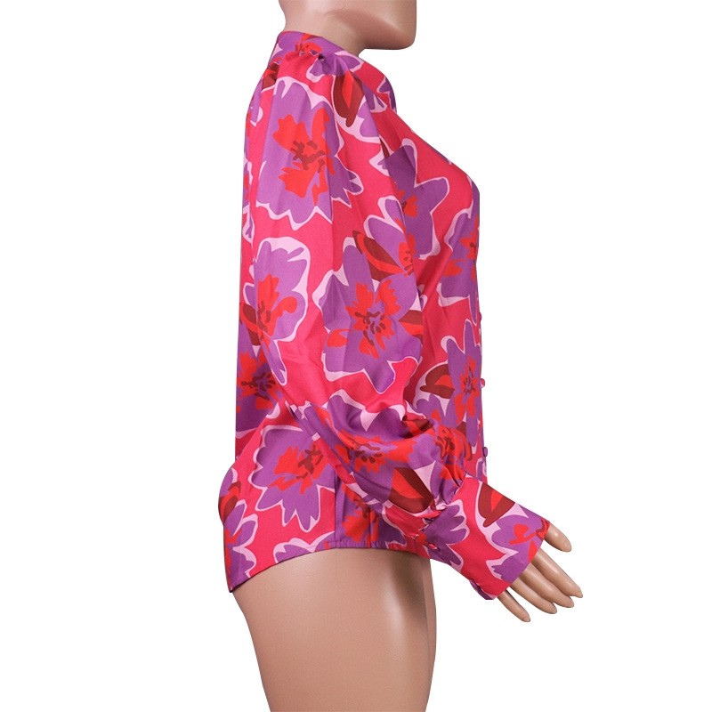 Thin Puff Sleeves Lapel Print Blouse