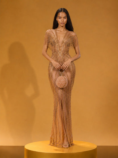 Ingrid Fringed Rhinestone Deep V-Neck Maxi Dress