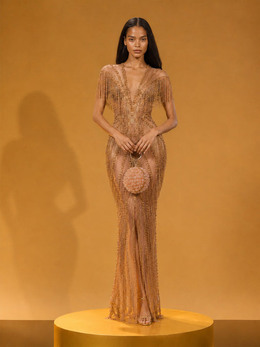 Ingrid Fringed Rhinestone Deep V-Neck Maxi Dress
