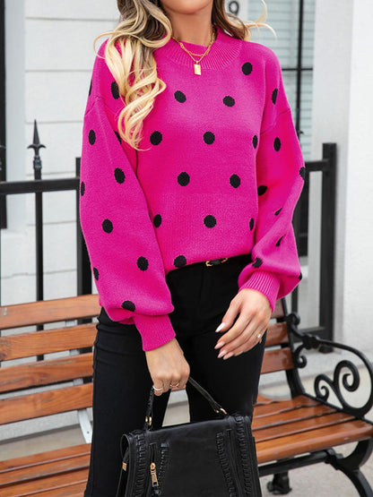 Long Sleeves Loose Polka-Dot Knitwear Pullovers Sweater Tops