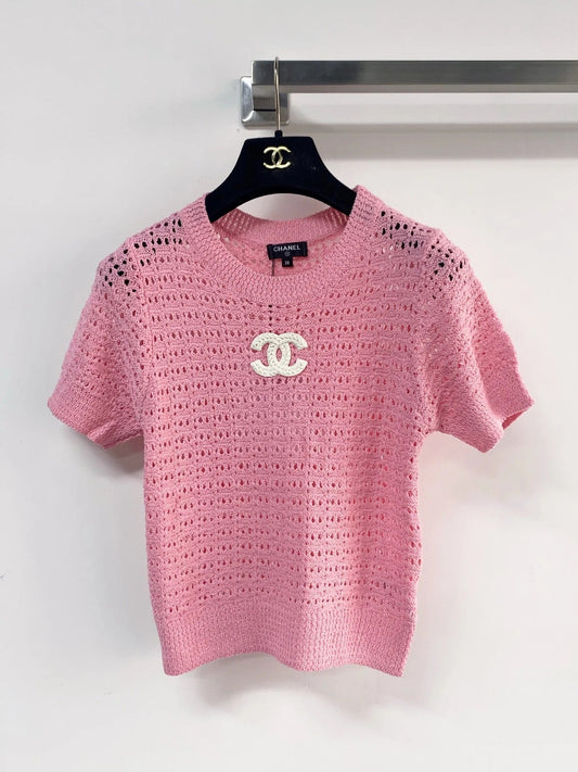 Chanel 2026 Hollow Short-Sleeve Shirt Pink Black White Wool Cashmere