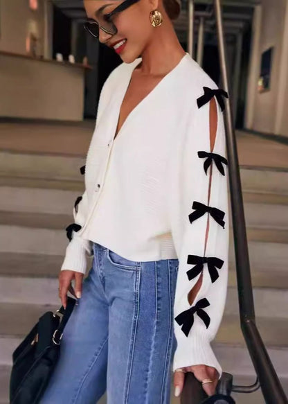 V Neck Knit Cardigan With Bow Accents