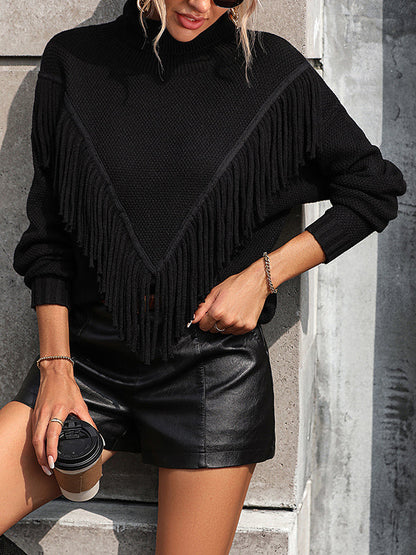 Long Sleeves Loose Solid Color Tasseled High-Neck Knitwear Pullovers Sweater Tops