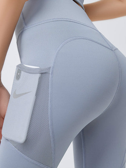 Peach Hip Fitness Pants Thin Quick-Dry Elastic Sports Tights Mesh Screen Side Pocket Running Bottom Yoga Pants.