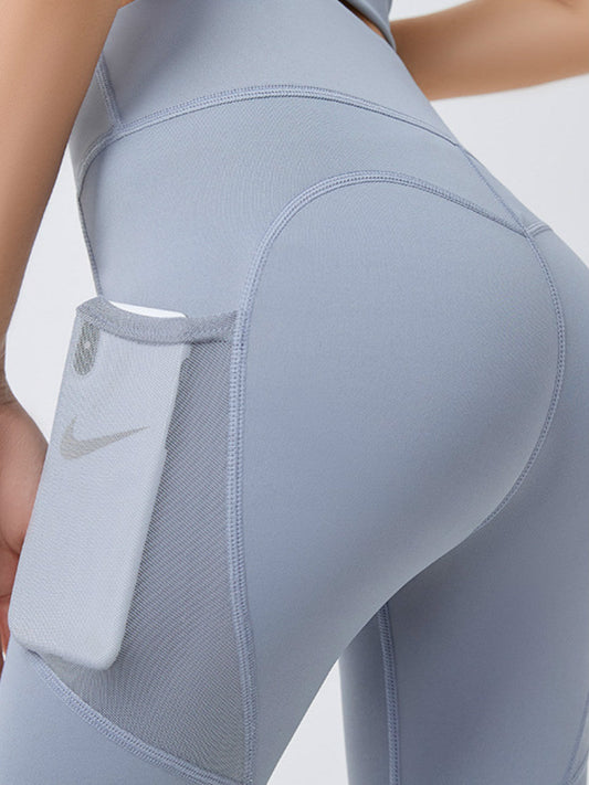 Peach Hip Fitness Pants Thin Quick-Dry Elastic Sports Tights Mesh Screen Side Pocket Running Bottom Yoga Pants.