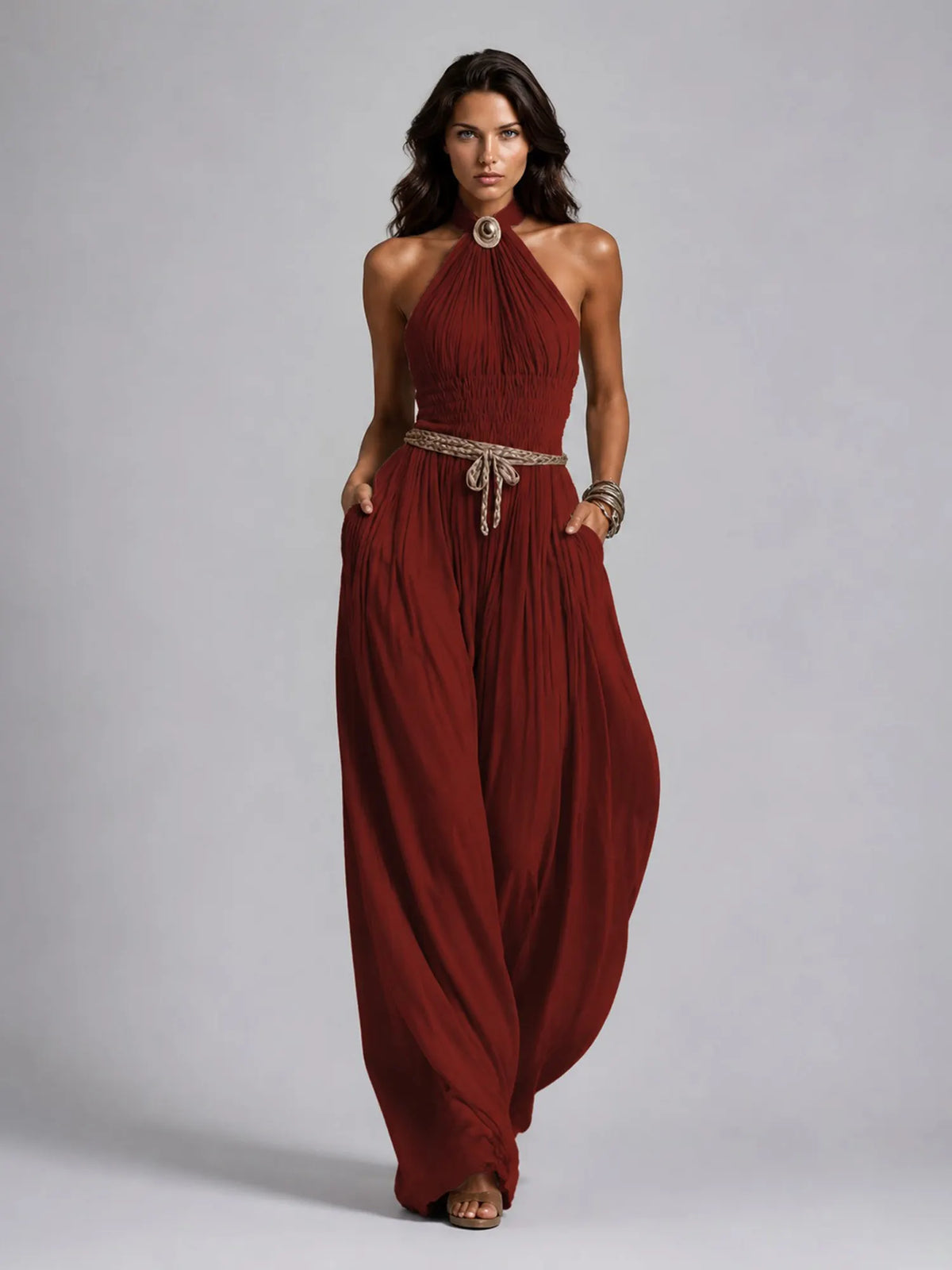 Taylor Pleated Halter-Neck Wide-Leg Jumpsuit