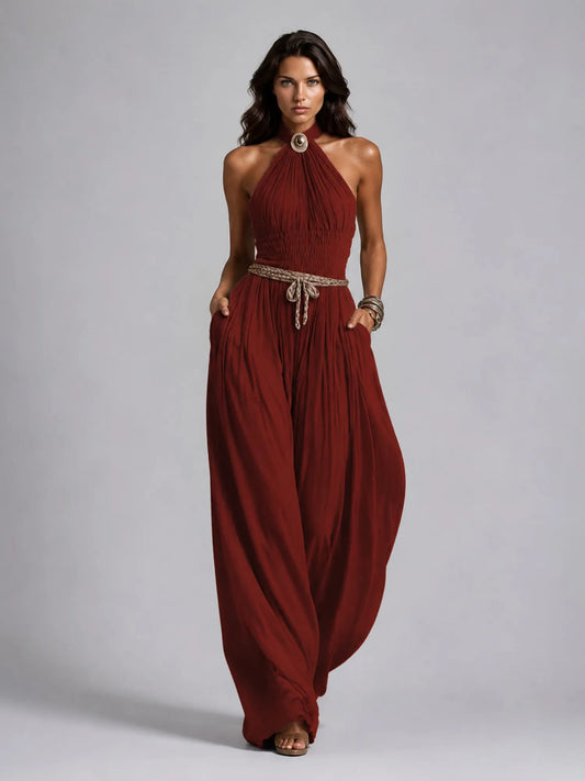 Taylor Pleated Halter-Neck Wide-Leg Jumpsuit