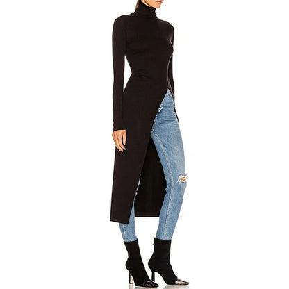 Skinny Solid Color Split-Side High-Neck T-Shirts Tops