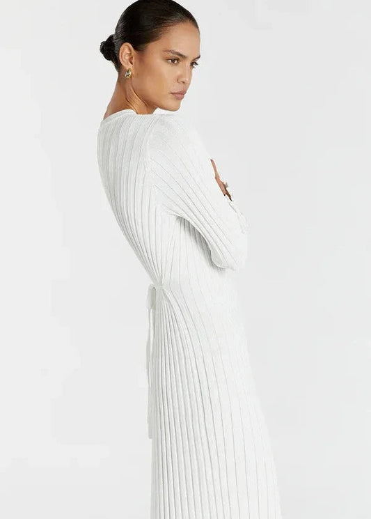 Pleated Ribbed Knit Midi Dress In Soft Fabric