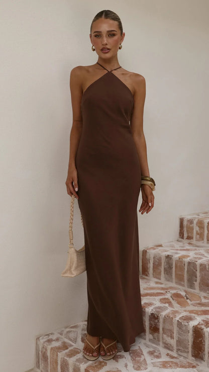 Chiara Linen Maxi Dress - Chocolate
