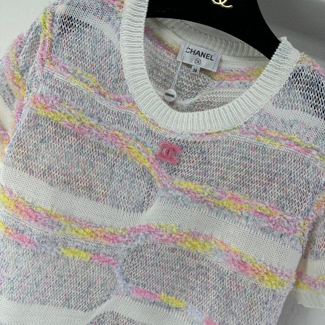 CC 26S Short-sleeve Knit Cream Multicolour Wool Nylon Cashmere 349002