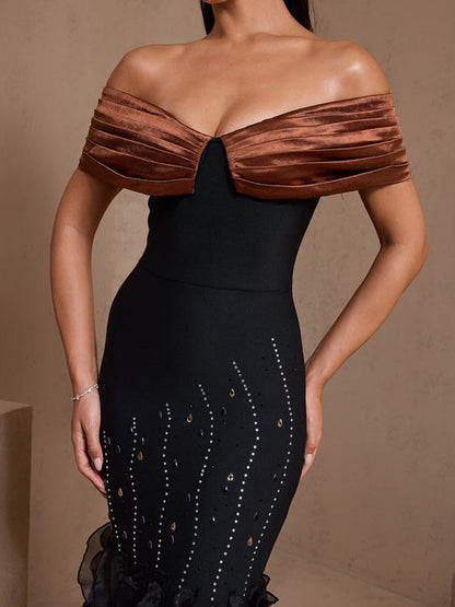 Inara Rhinestone Rippled Edge Slit Bandage Maxi Dress