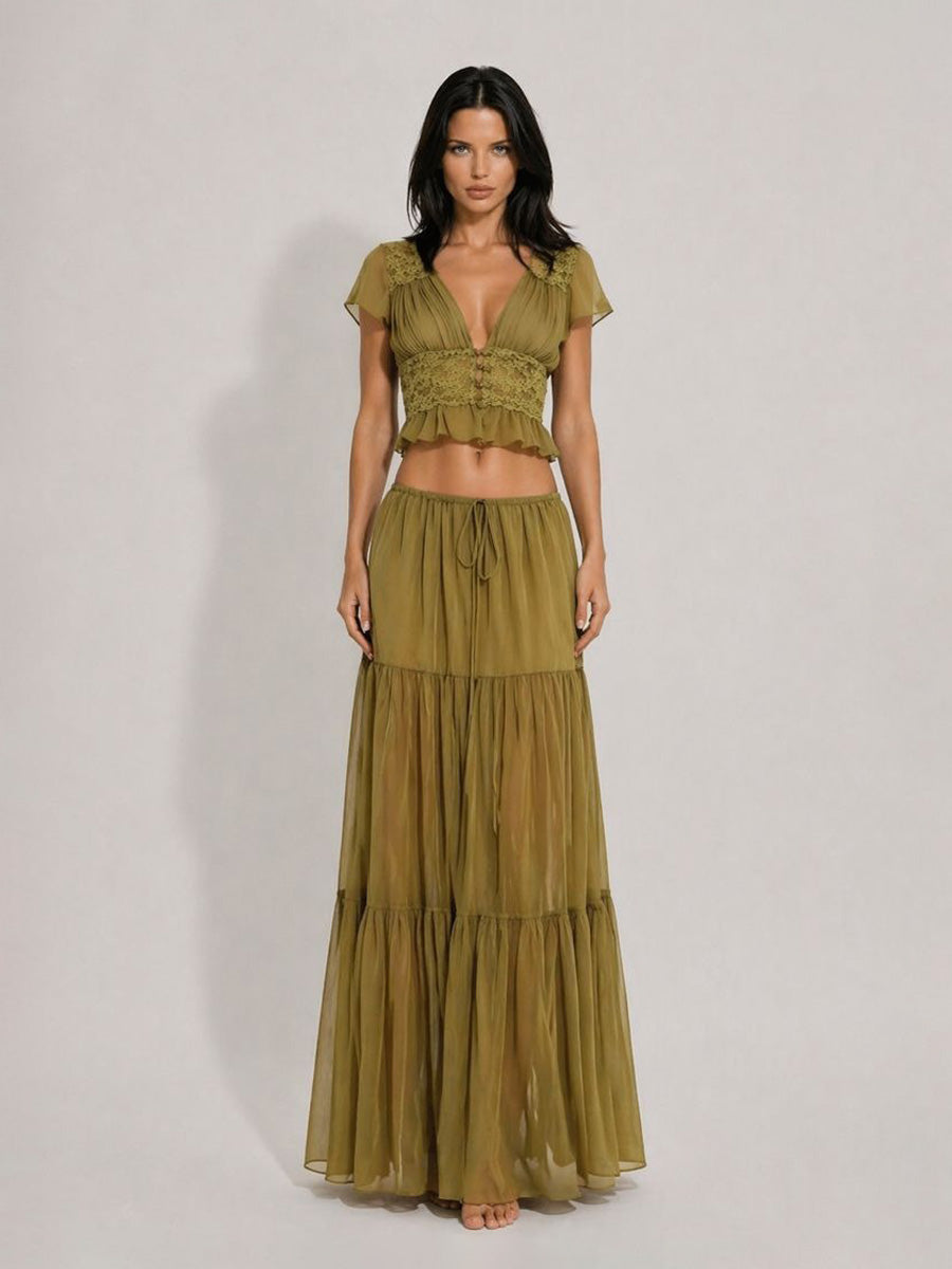 Mariana Mesh & Lace Deep V-Neck Maxi Skirt Set with Ruffles