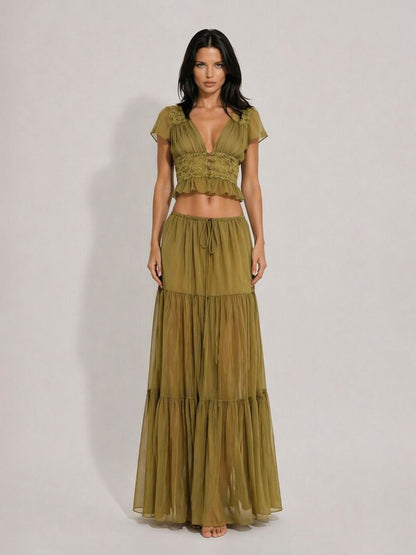 Mariana Mesh & Lace Deep V-Neck Maxi Skirt Set with Ruffles