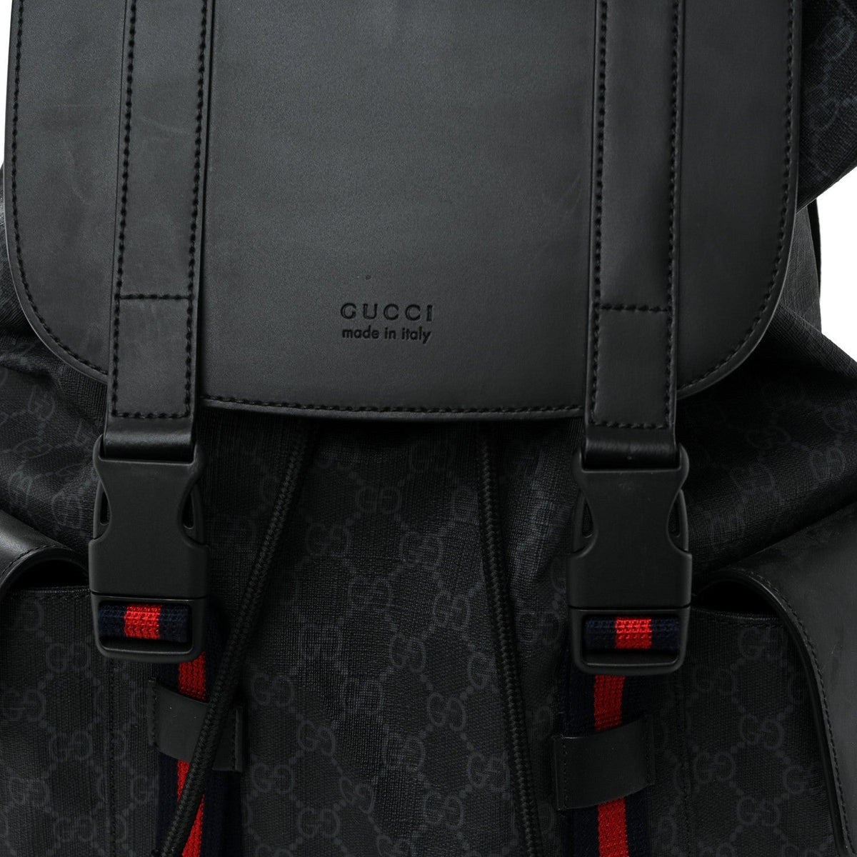 Soft GG Supreme Monogram Calfskin Web Double Buckle Backpack Black