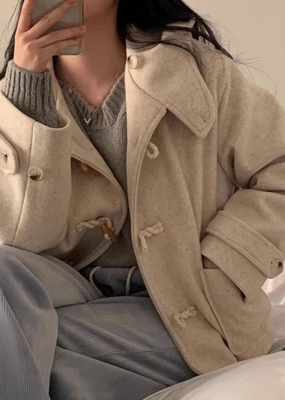 Woolen Hooded Coat with Horn Buttons and Pockets