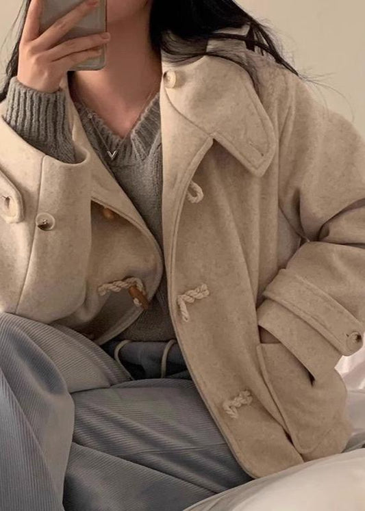 Woolen Hooded Coat with Horn Buttons and Pockets