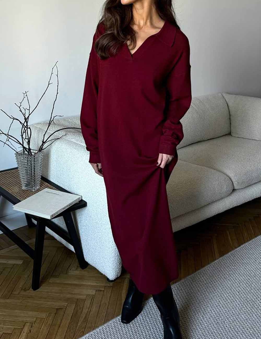 Fall Polo Collar Long Sleeve Maxi Dress