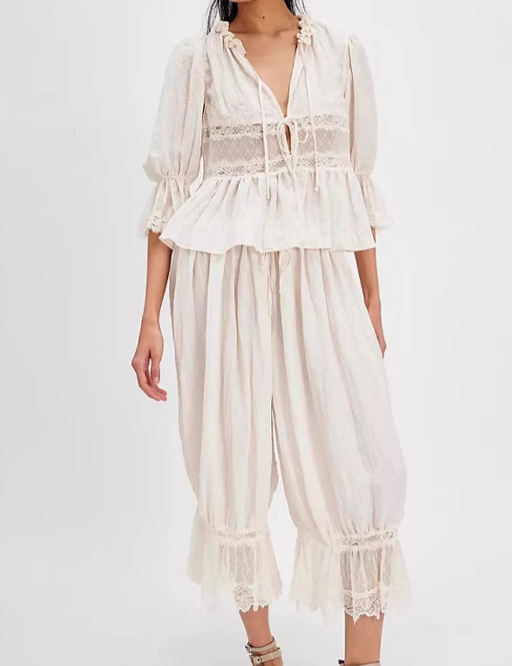 Hollow Lace Tie Front Sleepwear Pants