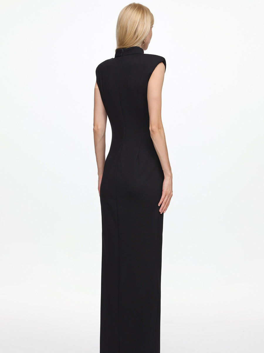Nora Sleeveless Pleated Zipper High Slit Maxi Dress