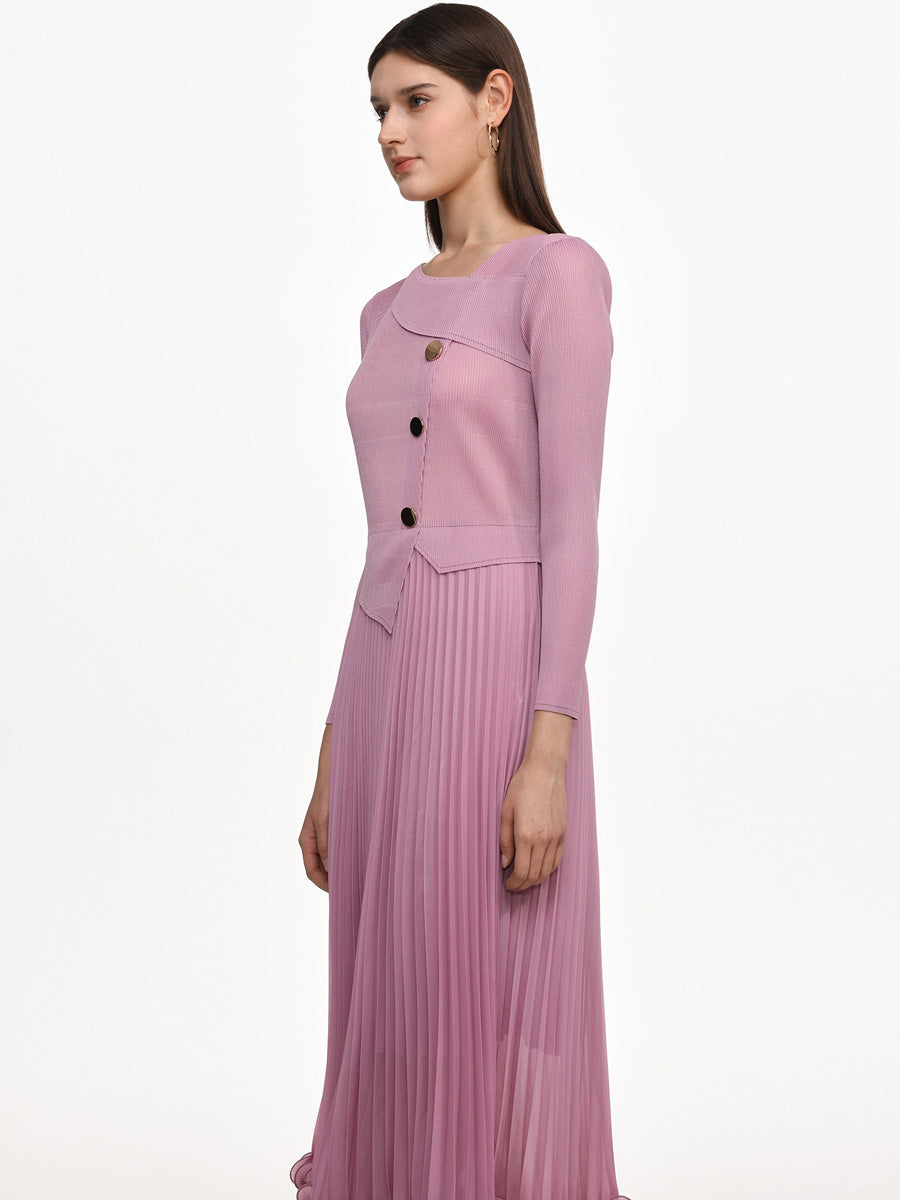 Imelda Flowy Long Sleeve Ruffle Pleated Knit Maxi Dress