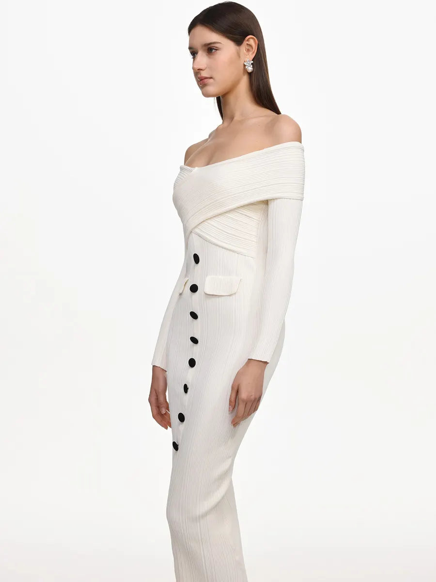 Grace Elegant Contour Off Shoulder Buttoned Knit Maxi Dress