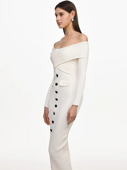 Grace Elegant Contour Off Shoulder Buttoned Knit Maxi Dress