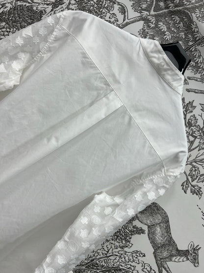 LV 25 Splicing Perspective Jacquard Monogram Sleeve Shirt White Cotton