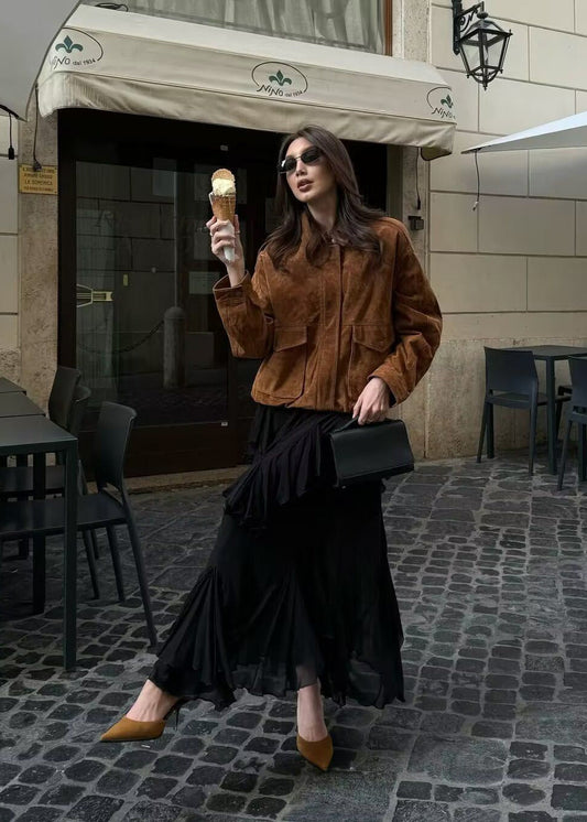 Suede Effect Oversized Jacket With Front Pockets