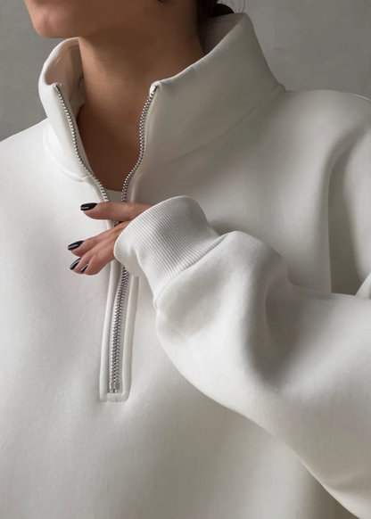 Oversized Cotton Blend Fleece Pullover With Tall Collar
