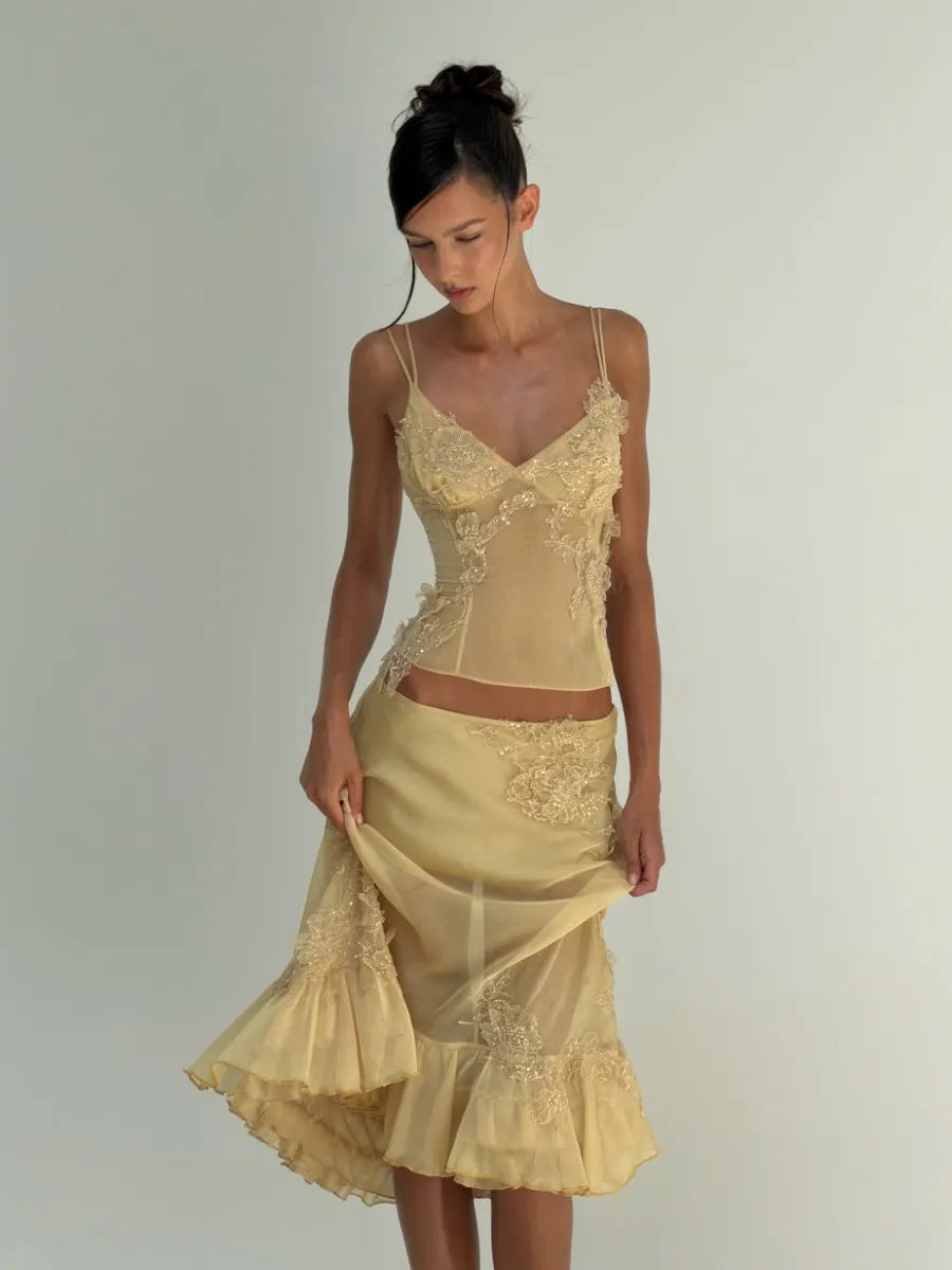 Rosalie Lace Appliqué Mesh Two Piece Midi Set in Yellow