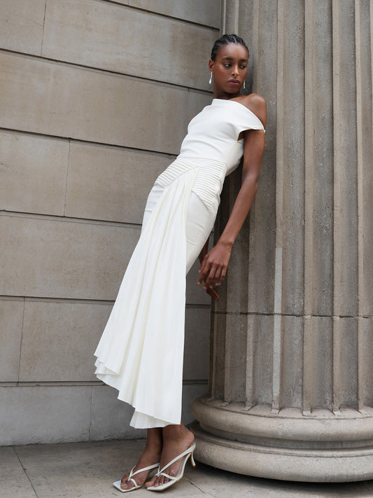Sophia Oblique Shoulder Sleeveless Folds Midi Dress