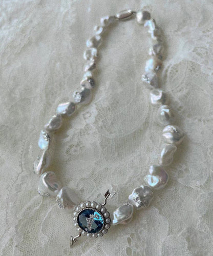 Classy White Alloy Crystal Asymmetric Pearl Gratuated Bead Necklace