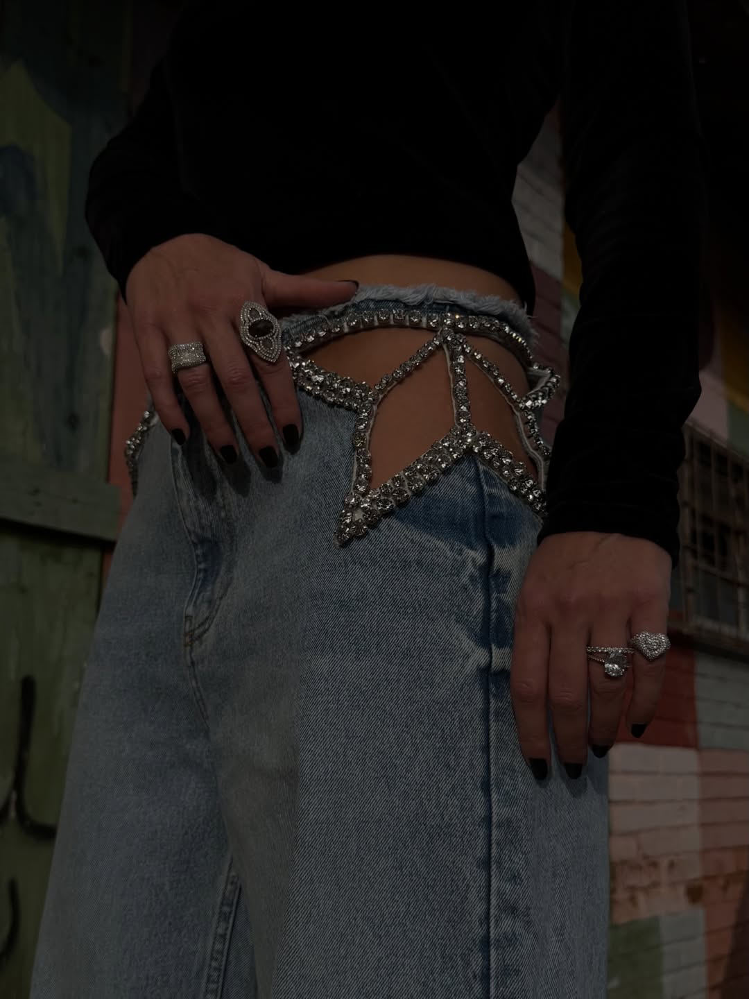 Nicolette Waist Cutout Rhinestone-Embellished Jeans