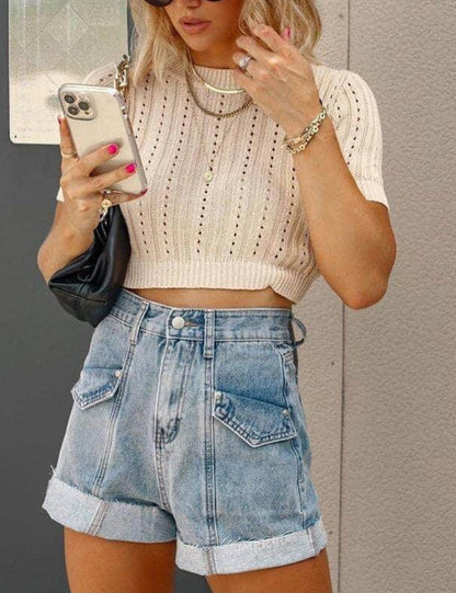 High Waist Demin Washed Shorts