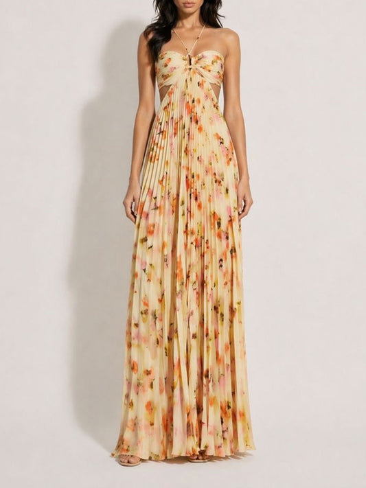 Lila Halter-Neck Pleated Printed Maxi Dress